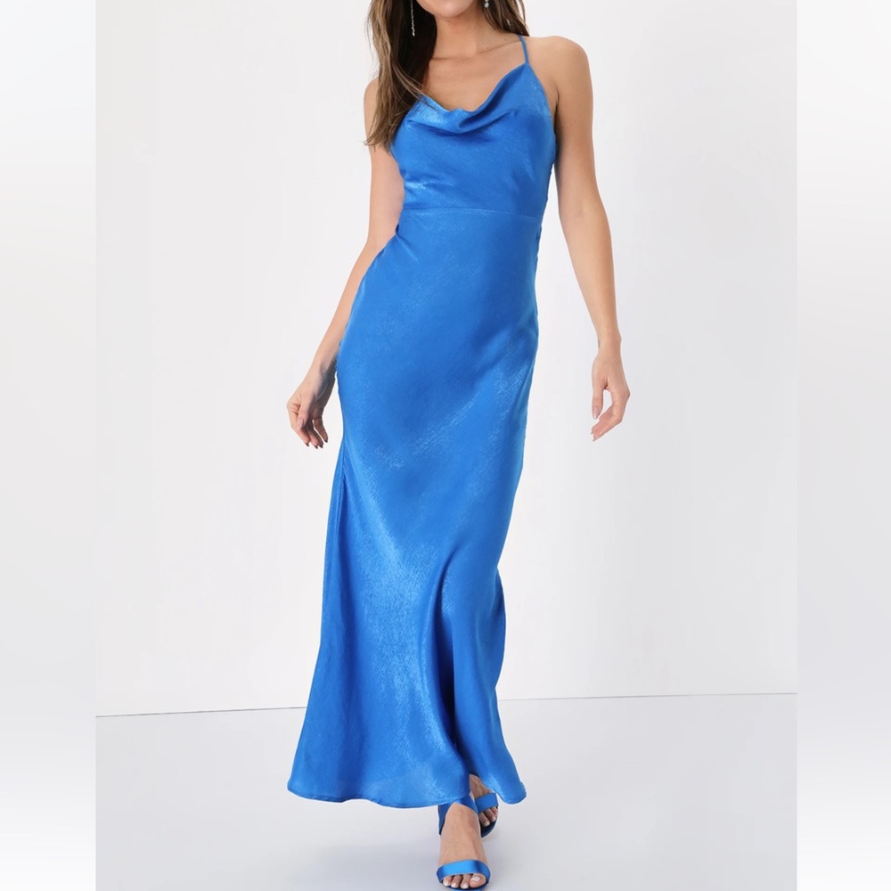 Lulus Exquisite Evening Blue Satin Cowl Neck Maxi Dress